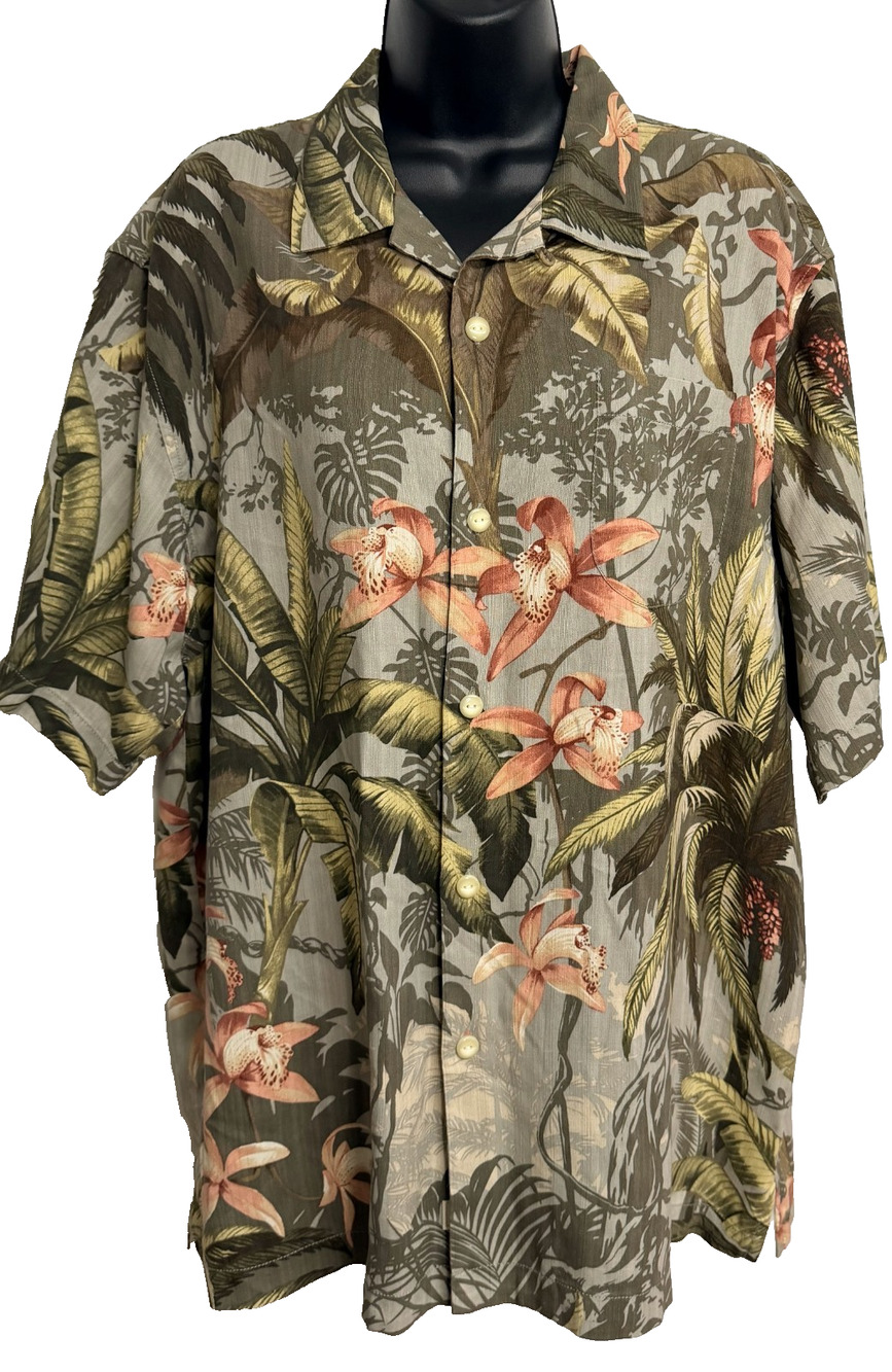 Tommy Bahama Original Fit Camp Shirt Mens Large Green Floral Silk Hawaiian NEW